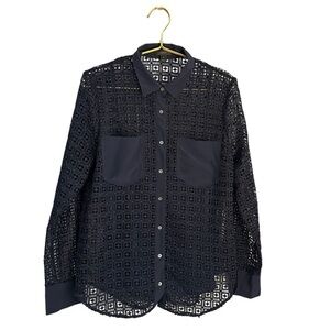 J Crew navy button down lace square pattern‎ shirt with tank. GUC size 8